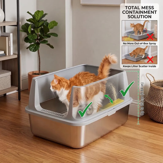 Litiera XXXL din inox pentru pisici, cu prag inalt si lopatica