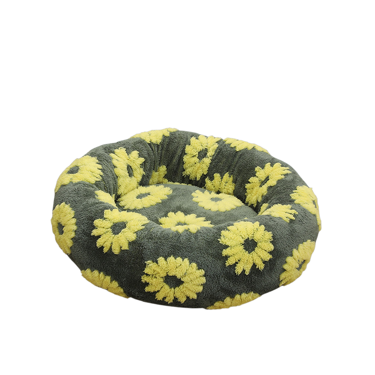 Culcus rotund din plus cu imprimeu floarea-soarelui galben pe fond verde inchis
