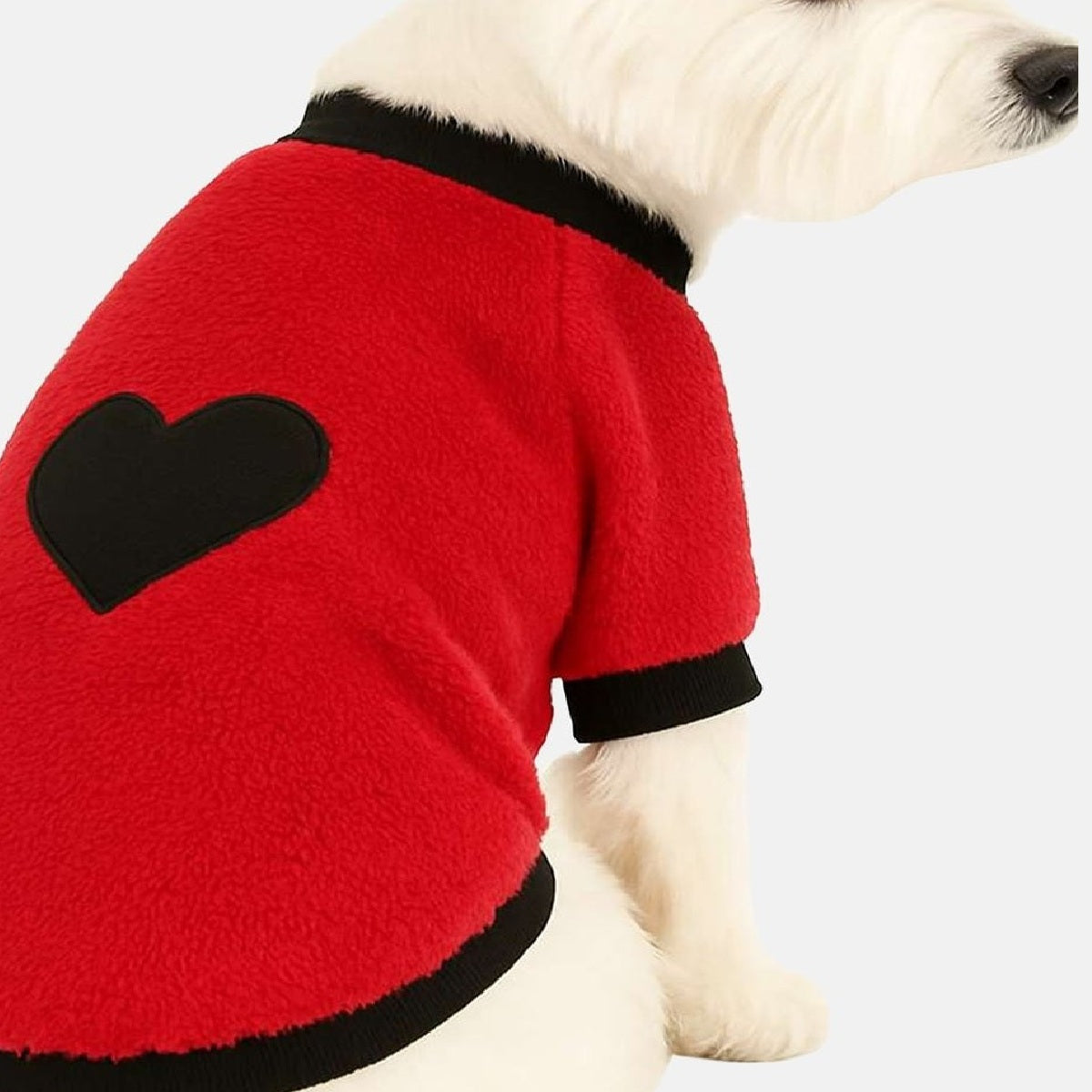 Pulover din fleece rosu cu inima neagra, purtat de un caine alb