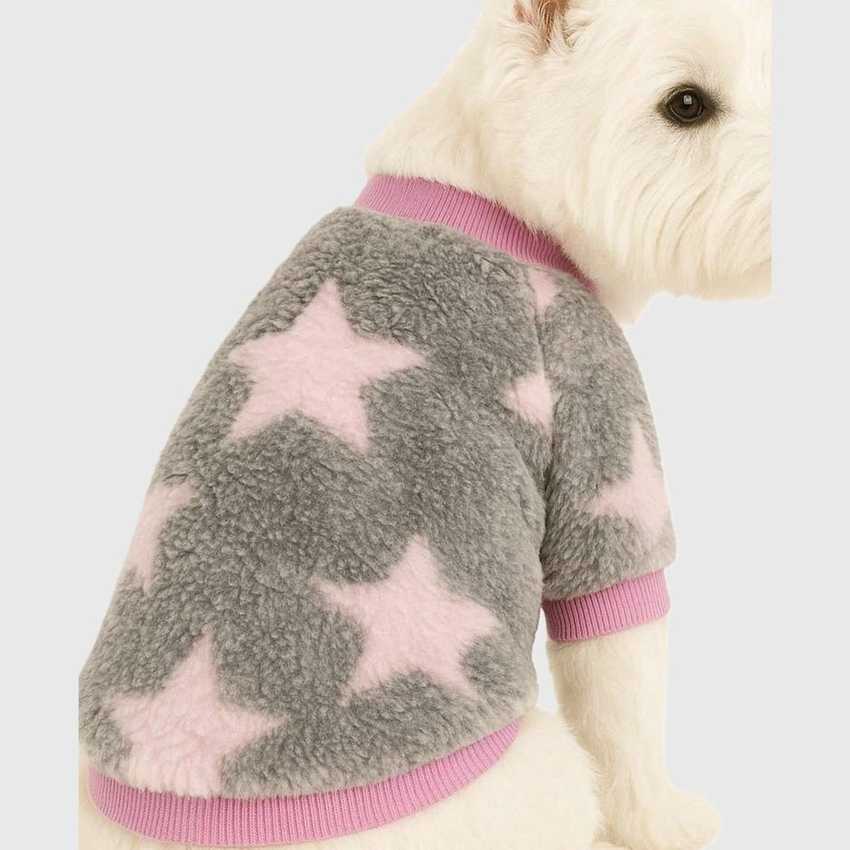Pulover din plus gri cu stele roz pentru caini, cu mansete roz