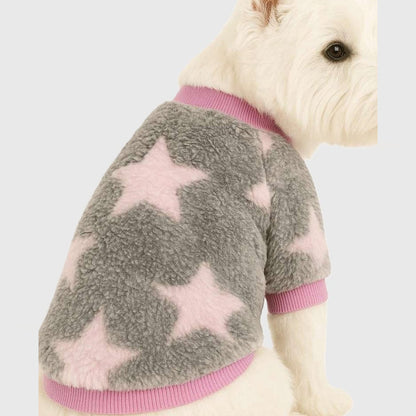 Pulover din plus gri cu stele roz pentru caini, cu mansete roz