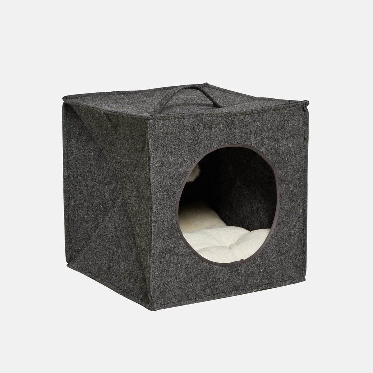 Casuta cub din fetru gri cu deschidere rotunda si maner