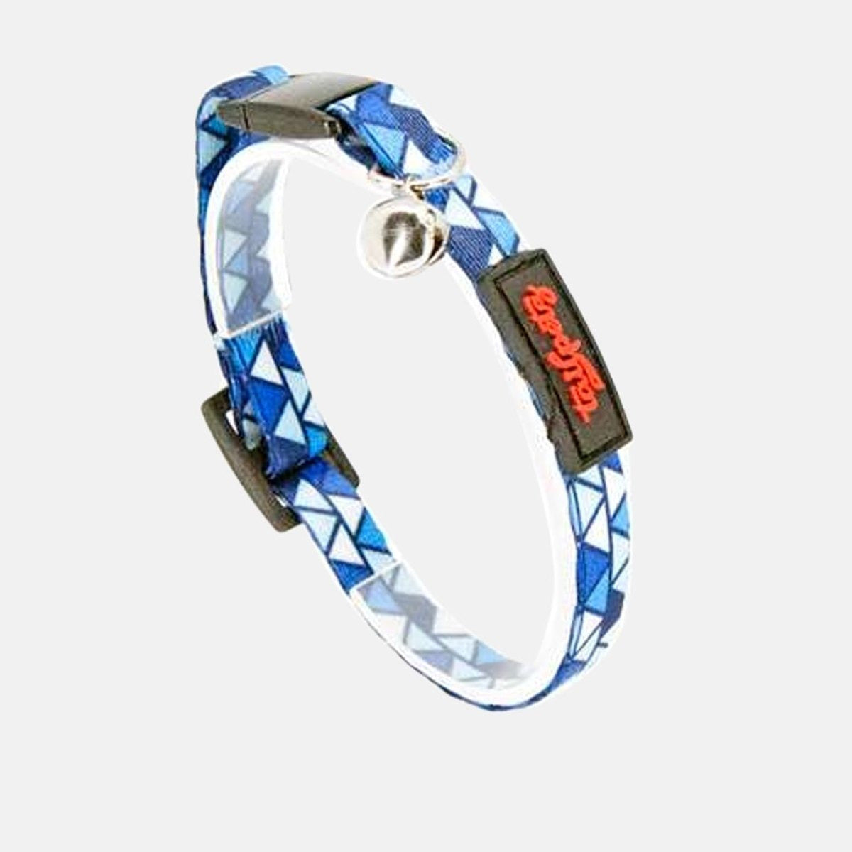 Zgarda pentru pisici cu imprimeu geometric albastru si clopotel, model Mosaic