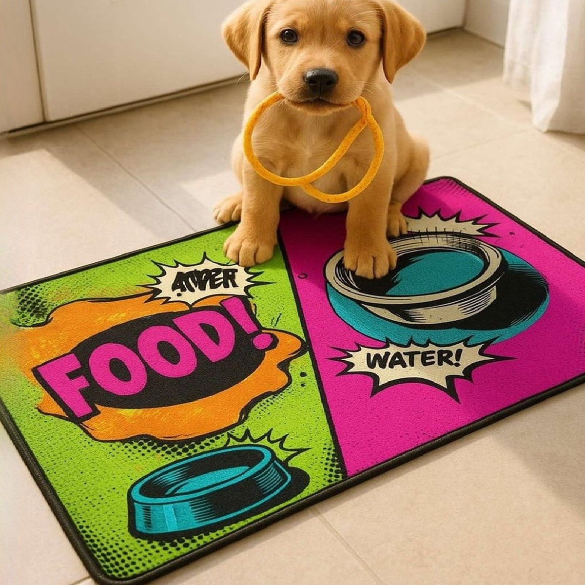 Covoras pentru boluri cu grafica pop-art verde si roz