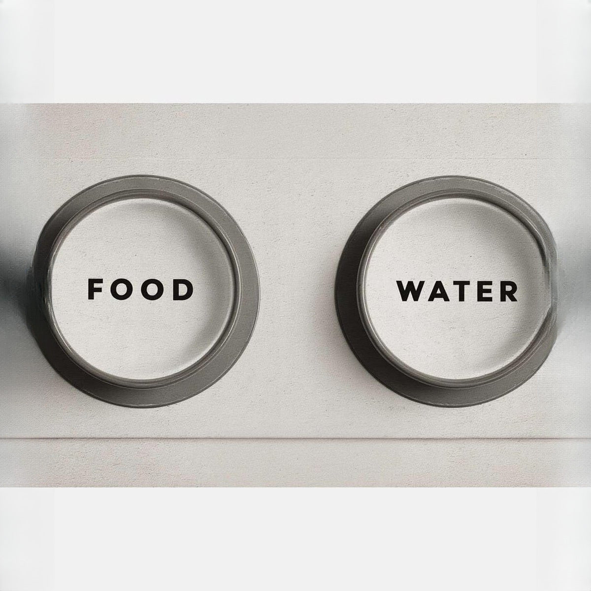 Covoras pentru boluri gri, cu doua cercuri marcate Food si Water