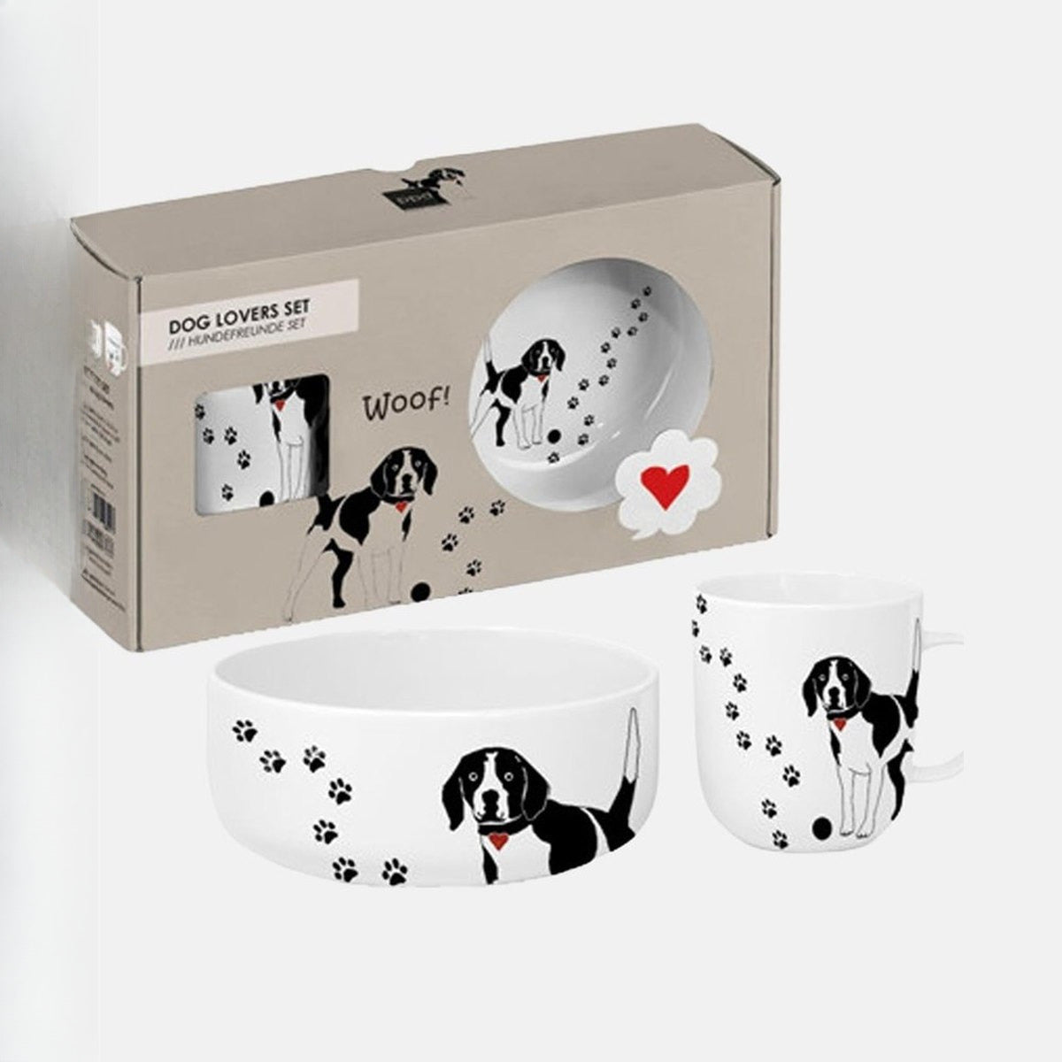Set din ceramica cu bol pentru caine si cana asortata, in cutie cadou