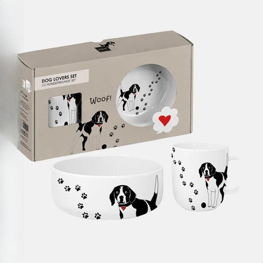 Set din ceramica cu bol pentru caine si cana asortata, in cutie cadou