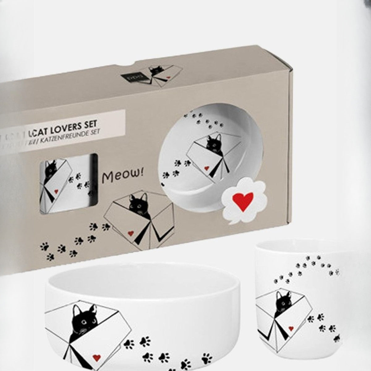 Set din ceramica cu bol pentru pisica si cana asortata, in cutie cadou