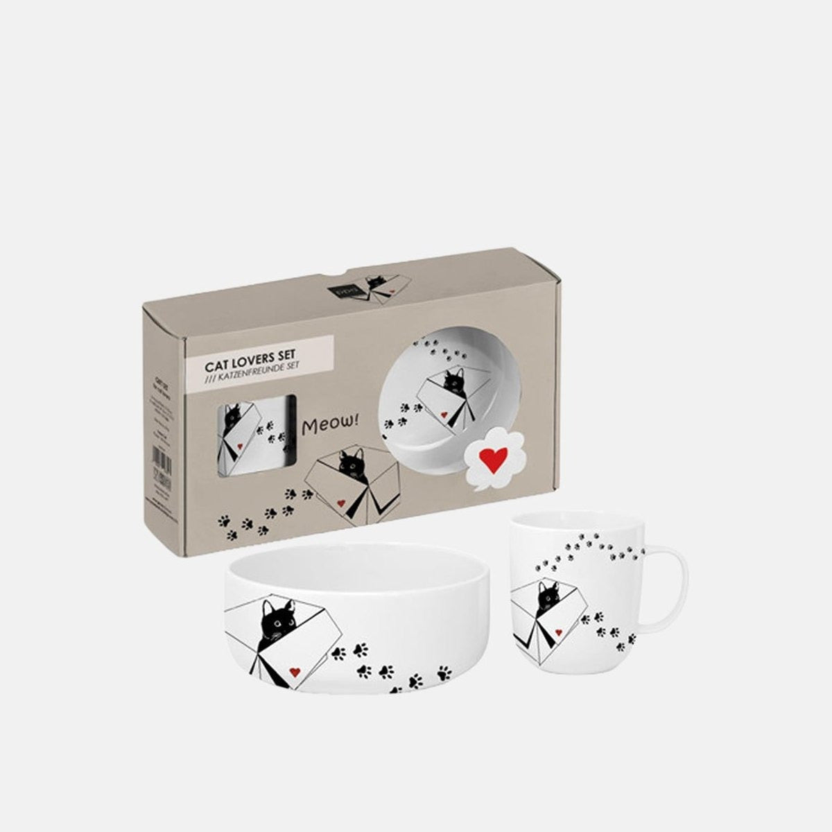 Set din ceramica cu bol pentru pisica si cana asortata, in cutie cadou