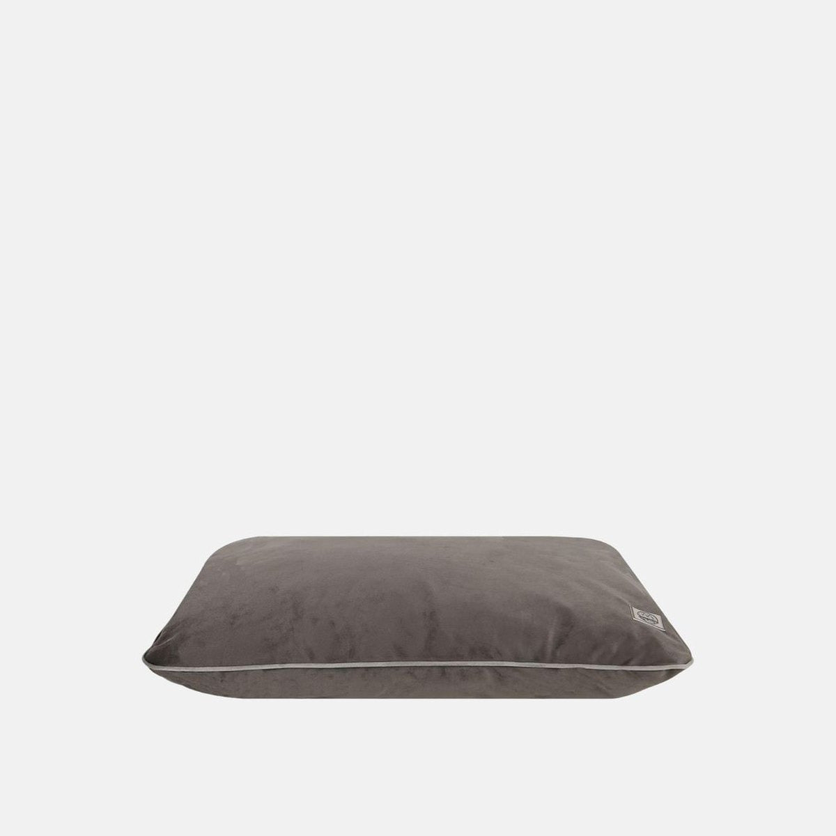Culcus pentru caini tip perna, textil catifelat taupe, cu vipusca
