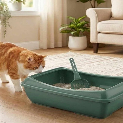 Litiera deschisa verde pentru pisici, cu rama si lopatica