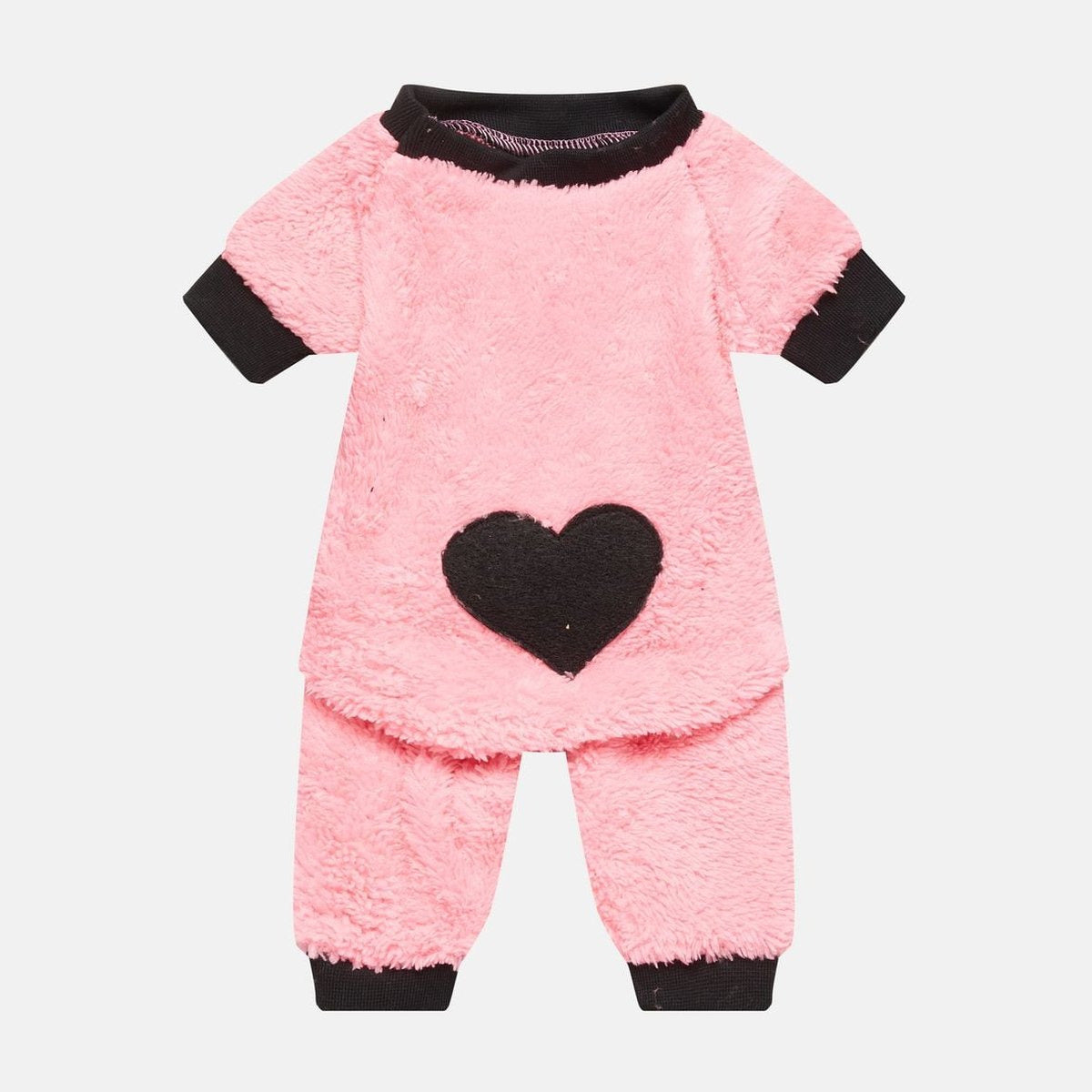 Pijama din plus roz pentru caini, in doua piese, cu inima neagra