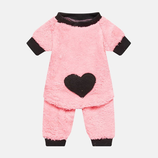 Pijama din plus roz pentru caini, in doua piese, cu inima neagra