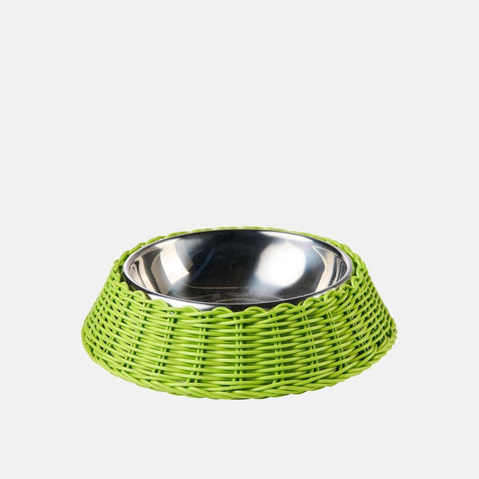 Bol din inox in suport impletit verde deschis, model Feeding Bob