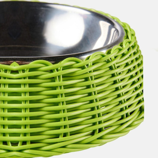 Bol din inox in suport impletit verde deschis, model Feeding Bob