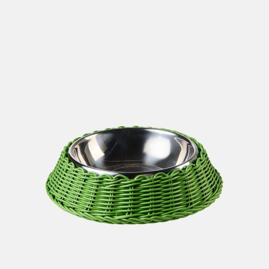 Bol mic din inox in suport impletit verde, model Feeding Bob