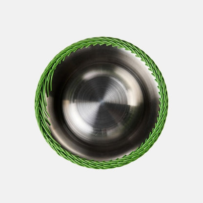 Bol mic din inox in suport impletit verde, model Feeding Bob