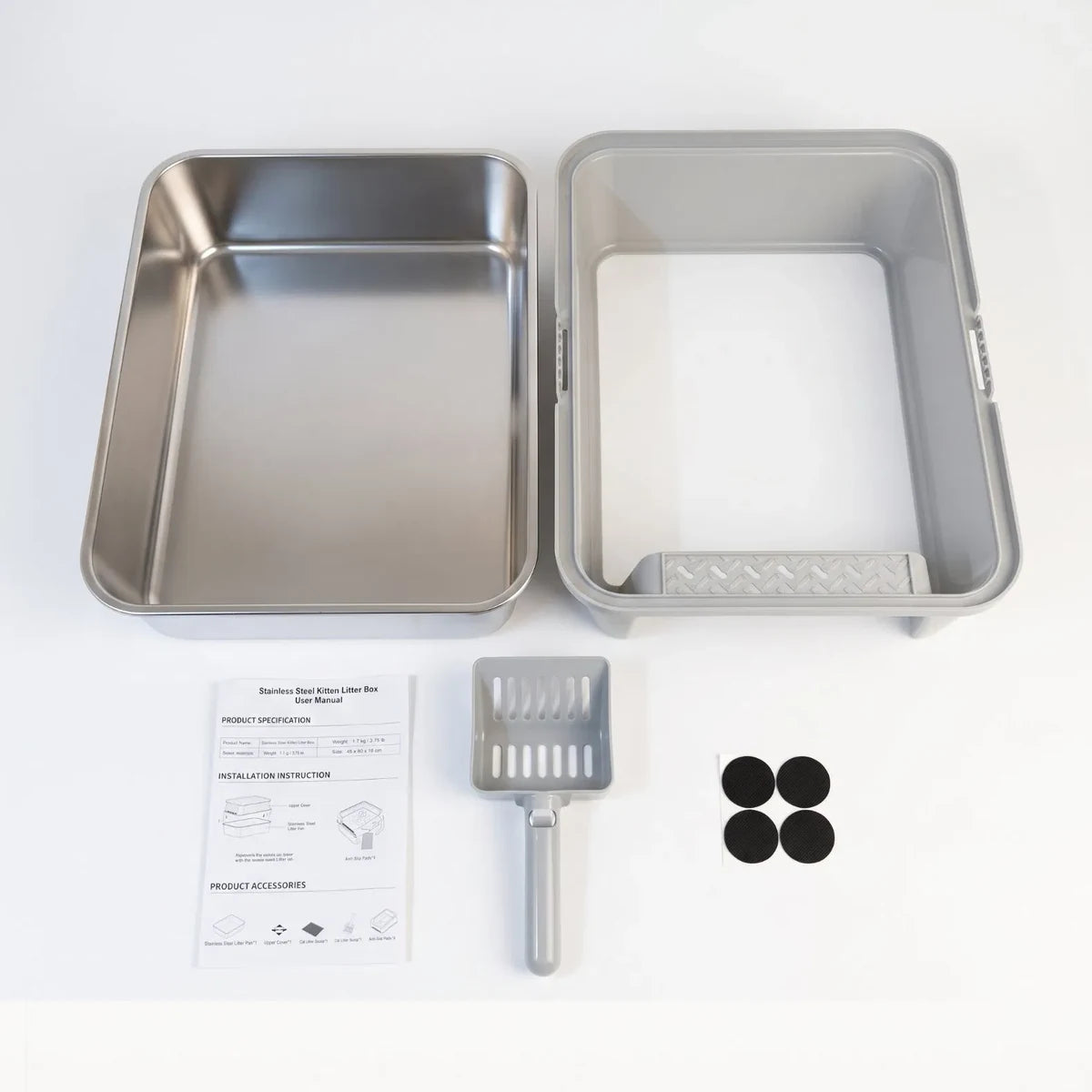 Litiera XXXL din inox pentru pisici, cu prag inalt si lopatica